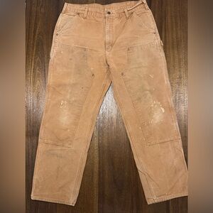 Carhartt Men’s 36X32 Loose Fit Tan Double Knee Canvas Work Pants Distressed